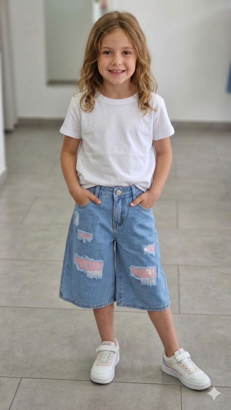 Bermuda in denim bambina con dettagli rosa