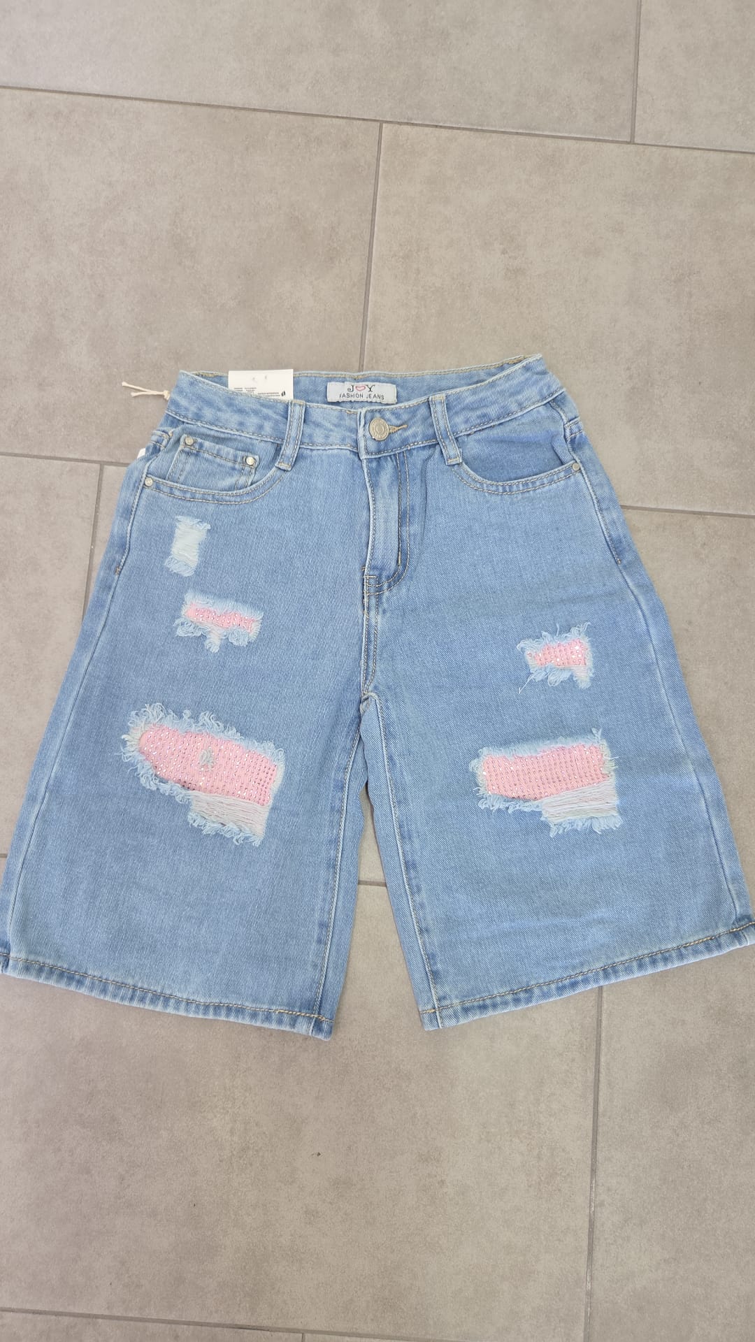 Bermuda in denim bambina con dettagli rosa